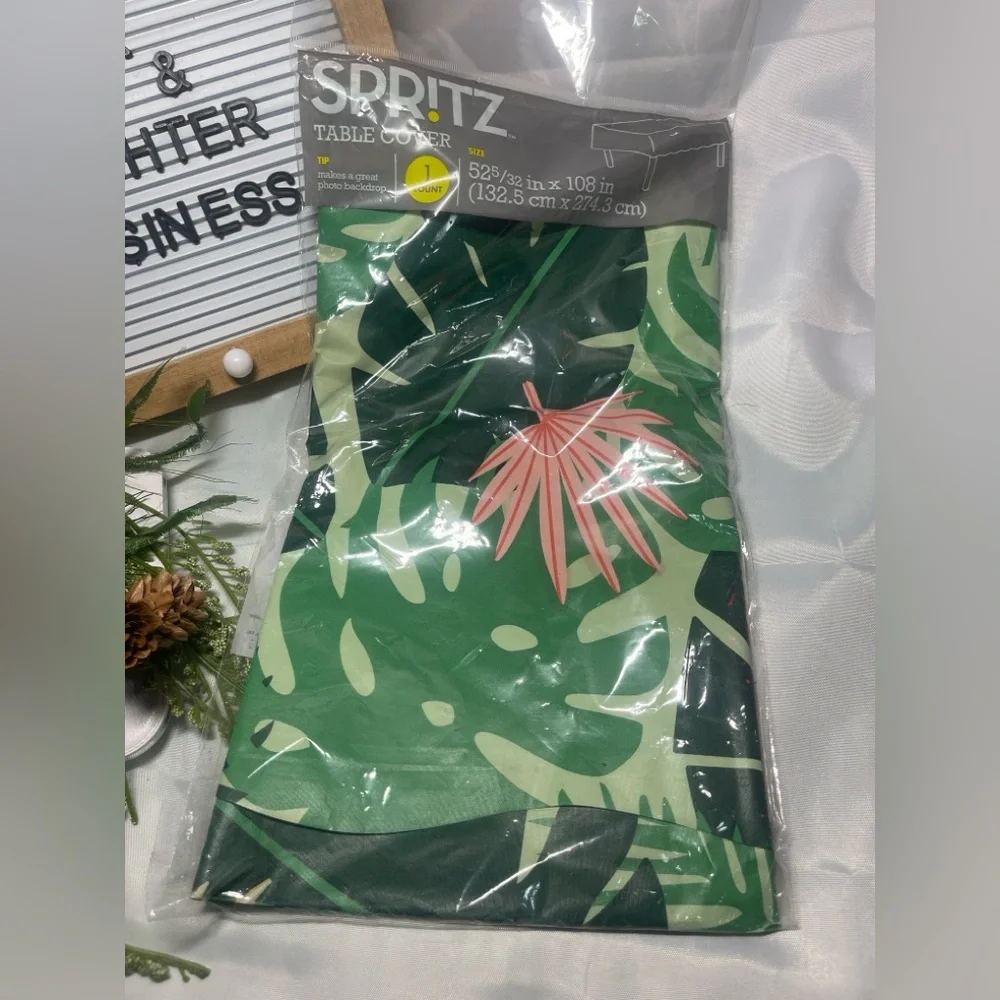 Spritz Tropical Leaf Plastic Table Cover 52”x108” Green & Pink Palm Leaves